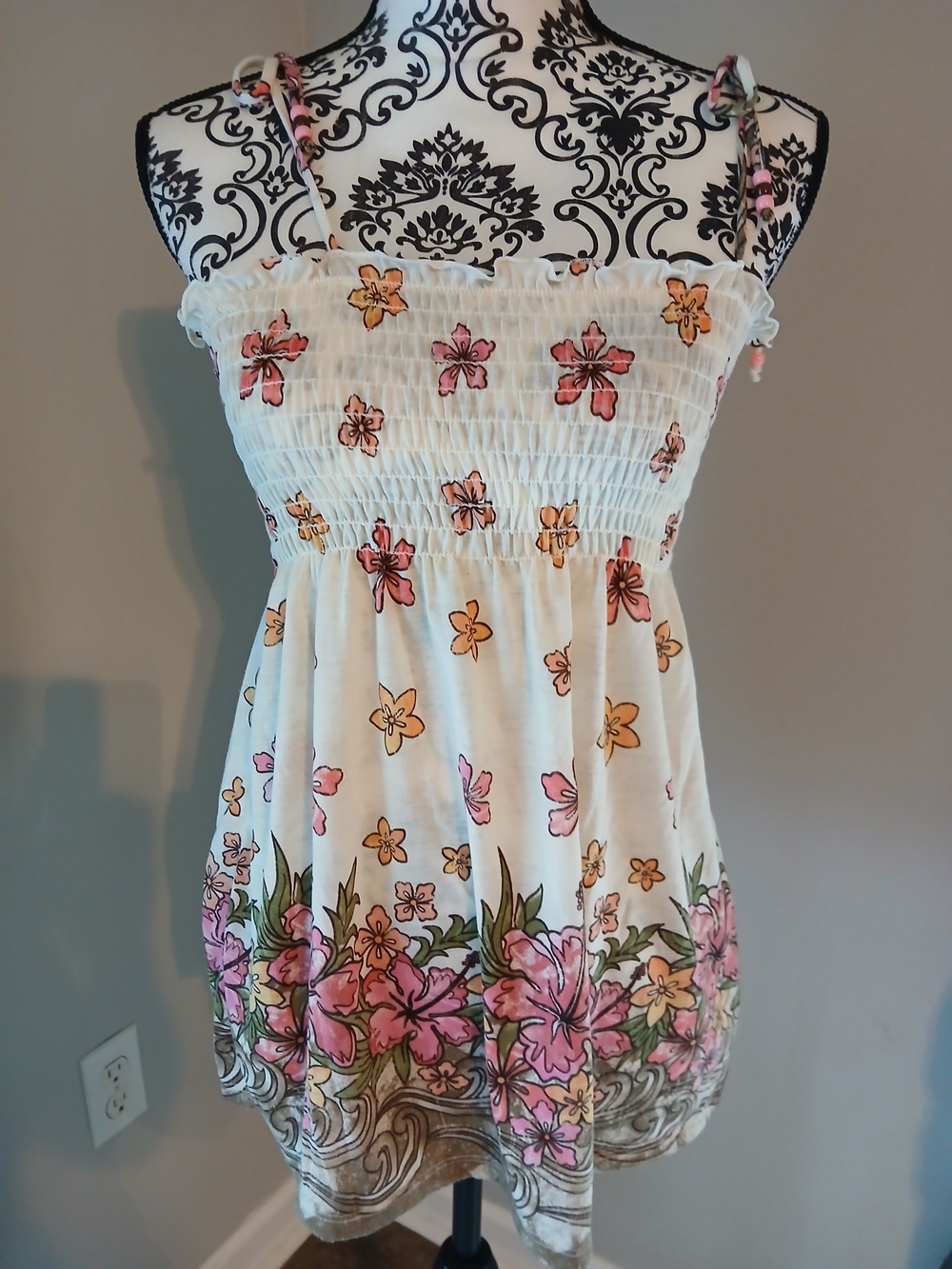 OP White Floral Smocked Tank Top with Pink & Yellow Flowers